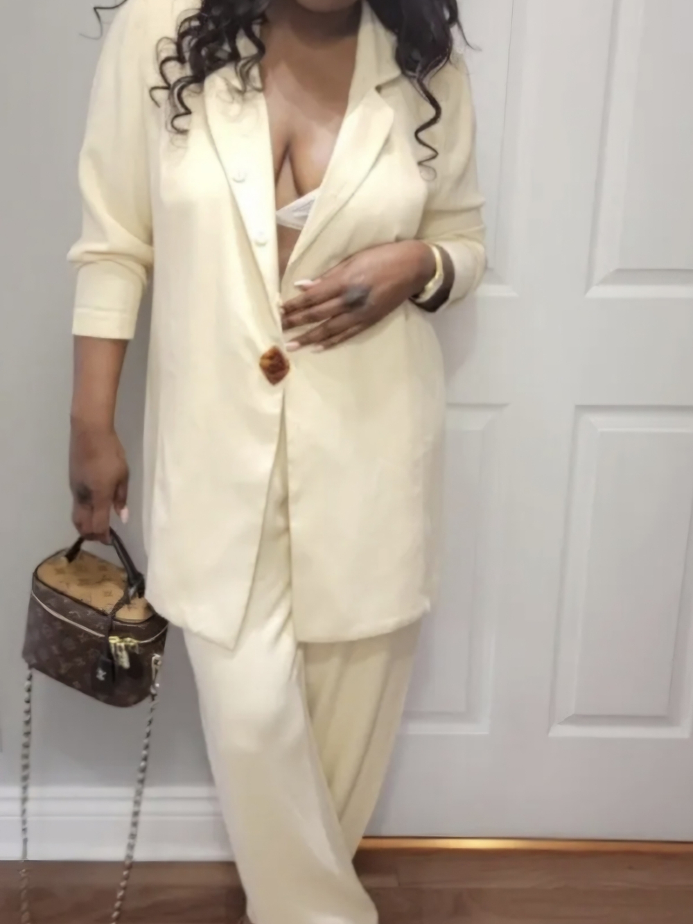 Vintage Cream Two-Piece Blazer and Wide-Leg Pants Set